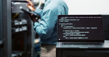 Aufkleber - Laptop screen, coding and information technology in office for cybersecurity, software update or development. Engineer, data center and testing at workplace for scam, surveillance and cpu protection