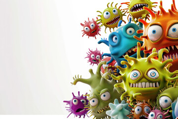 Cheerful cartoon germs with unique designs and expressions gather happily on a white background, perfect for health and microbiology concepts