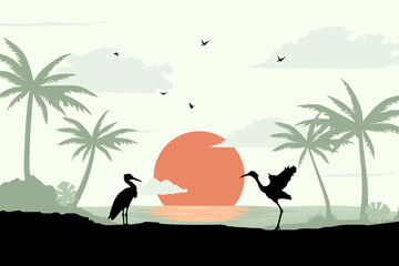 view of cranes against sunrise on the beach. summer day vector illustration poster design template