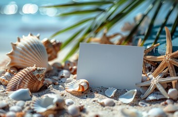 Blank card on sandy beach with seashells, starfish, and palm leaves in sunlight, tropical scene.