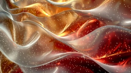 Wall Mural - Abstract composition featuring diagonal liquid or fabric waves in red, gold and white, with an overlay of dots