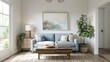 © Dumrongkait - A living room with a blue couch, a coffee table, and a potted plant. The room has a modern and minimalist design, with a white wall and a large window