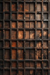 Poster - Close-up of a weathered wooden grid with rustic texture and warm lighting, showing natural patterns and aged craftsmanship.