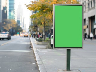 Wall Mural - Vibrant Green Screen Billboard on Urban City Street with Soft Bokeh Background Blur