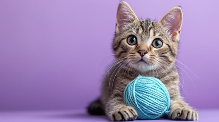 A cat with a yarn ball, pastel purple background, space above for text