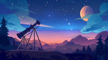 Wall Mural - Telescope while camping with beautiful night sky