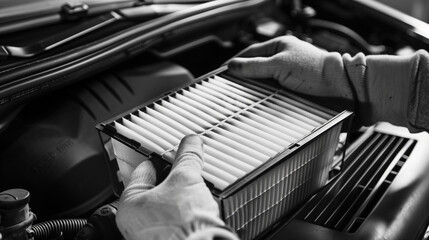 Wall Mural - Hands of a mechanic who changes the air filter during routine car maintenance. Visible commitment and professionalism ensure the safety and efficiency of the vehicle.