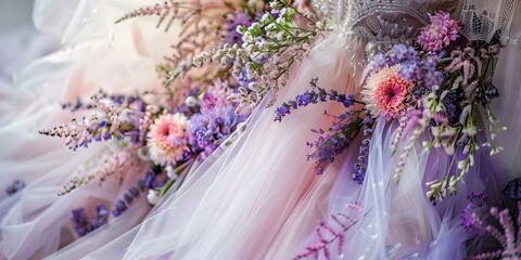 Poster - Closeup of lavender wedding dress with colorful flowers delicate details and tulle. Concept Outdoor Photoshoot, Lavender Wedding Dress, Colorful Flowers, Delicate Details, Tulle