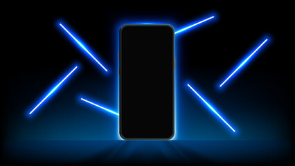 Poster - Glowing Neon light Smartphone with Floating Lamps and Beams. Illuminating Mobile Designs for Banners, Wallpapers, Luxury Vouchers and Leaflet. Vector.