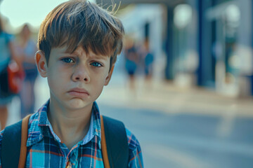 Wall Mural - sad little boy in school crying