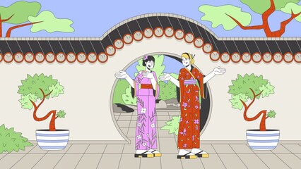 Poster - Japan female tourists in front of moon gate arch line cartoon animation. Asia tourism 4K video motion graphic. Foreigner kimono women 2D linear animated characters on traditional landmark background