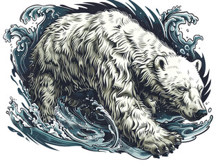 A bear is swimming in the ocean with its paws in the water. The bear is white and has a lot of fur