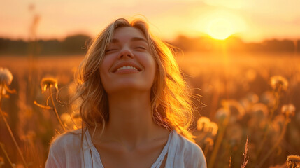 Poster - Portrait of a pretty happy free woman with closed eyes, beautiful moment life, fields at sunset