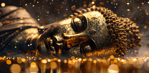 Sticker - golden buddha face with golden glitter, laying on the ground, shiny background