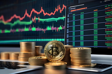 golden coin with bitcoin cryptocurrency logo trading chart on background.