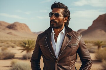 Sticker - Portrait of a joyful indian man in his 30s sporting a stylish leather blazer in front of backdrop of desert dunes