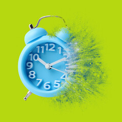 Wall Mural - Light blue alarm clock dissolving on green background. Flow of time