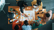 © Summit Art Creations - Top down aerial view of business team making scrum task board at meeting room. Group of people writing at paper and sticky notes for making kanban board to manage work flow. Top view. Convocation.