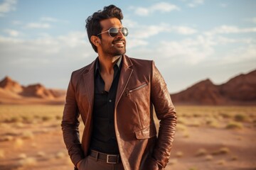 Sticker - Portrait of a joyful indian man in his 30s sporting a stylish leather blazer isolated in backdrop of desert dunes