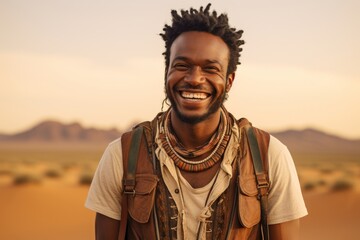 Sticker - Portrait of a grinning afro-american man in his 30s dressed in a water-resistant gilet on backdrop of desert dunes