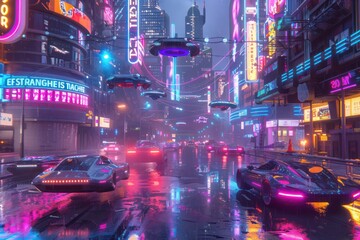 Canvas Print - Digital rendering of a futuristic city with hovering cars and neon lights, suitable for sci-fi projects.