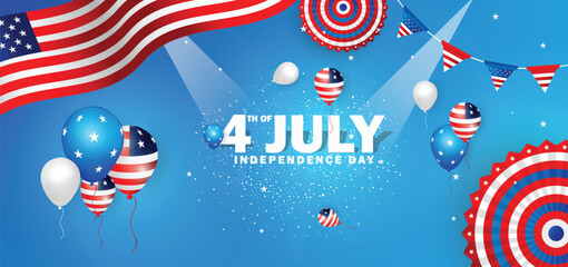 Poster - USA Happy Independence Day 4th July abstract background design with a ballon, flag, star, paper fan, and blue gradient color background. 4th July Typography design