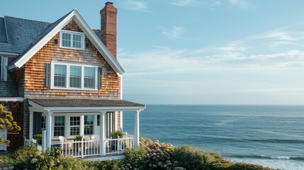 Elevated shot of a classic New England home with shingled exterior, white trim, and ocean backdrop, sunny day, editorial style, coastal photo