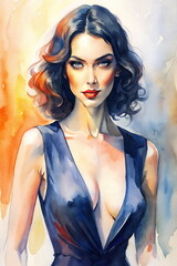 Wall Mural - Watercolor woman portrait. Provocative sensual lady in decollated slitted black dress. Art.