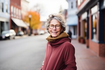 Wall Mural - Portrait of a jovial woman in her 60s wearing a thermal fleece pullover in front of charming small town main street