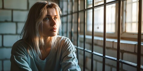 Wall Mural - A concerned woman prisoner is seen in a sunlit cell with barred windows. Concept Prison life, Incarceration, Female experience, Barred windows, Concerned expression