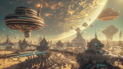 Wall Mural - A Bustling Futuristic Venus City with Levitating Vehicles Dramatic Lighting and Swirling Gas Clouds