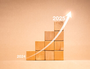 Poster - Happy new year 2025 business growing, financial investment and trends concept. Arrow rising from 2024 to 2025 on wooden cube blocks growth graph steps isolated on eco brown background, minimal style.