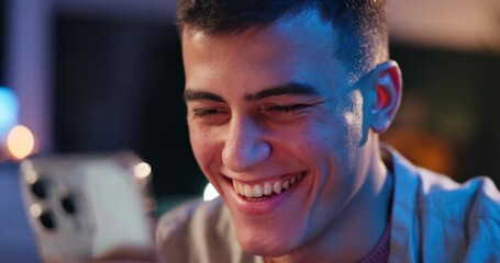 Aufkleber - House, funny and man with smartphone, typing to contact and connection in living room. Person, apartment and happy guy with cellphone, cheerful and digital app for social media, laughing and texting