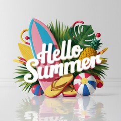 Poster - summer elements 3d render illustration with the hello summer text on it. summer beach elements.