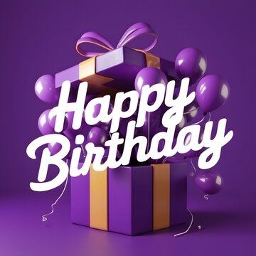 Birthday greeting card design. Happy birthday greeting text with purple gift box and balloons element decoration for kids party occasion. 3d render Illustration.