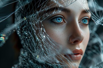 Wall Mural - Portrait of a young woman with a delicate mesh veil, creating an ethereal and futuristic aesthetic, emphasizing her natural beauty.