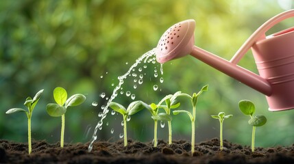 Poster - Watering Young Plants with a Pink Watering Can.