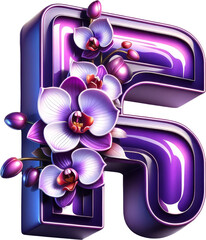 A vibrant purple letter F adorned with delicate, colorful orchid blossoms. Perfect for floral and typographic design concepts.