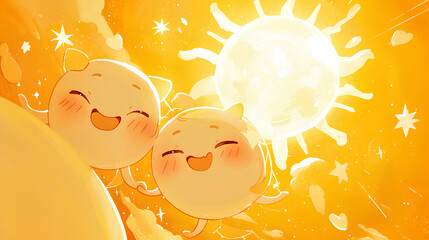 Poster - cute cartoon of the sun and the moon, cheerful friends