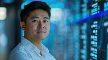Poster - the picture of the young east asian male is working as e-commerce specialist in the office, the e-co