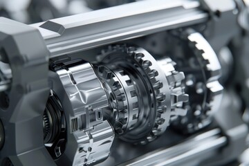 Hyper-realistic close-up of a mechanical gear system, with a focus on precision and engineering detail.