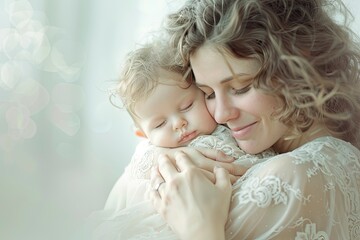 a mother breastfeeding her baby, normal modern with her baby in her arms in the morning hugging her baby, in light white and light beige style, varied textures, generative ai