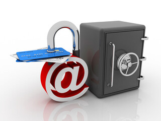 Poster - 3d rendering E-mail lock with debit card . Internet security concept