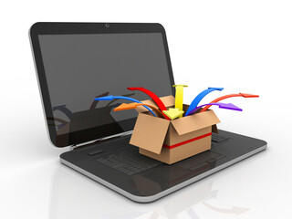 Poster - 3d rendering business up arrow in open card board with laptop