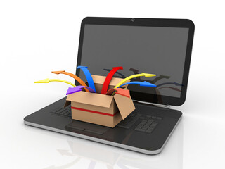 Poster - 3d rendering business up arrow in open card board with laptop