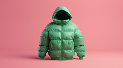 a green puffy jacket with a hood isolated on a pink background, a mockup template design