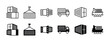 © Vilogsign - Delivery container ship thin line icon set. Containing shipping storage, cargo crane, freight, truck, and dockyard. Vector illustration
