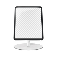 Wall Mural - Countertop tablet holder podium stand on metal base with transparent screen vector mockup. Table digital display mock-up. Template for design