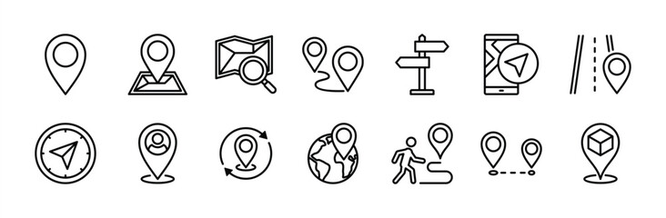 Map pin location thin line icon vector set. Containing marker, direction, route, navigation, GPS, compass, distance, path, you are here, tracking, pointer, destination, positioning, street board