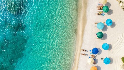 Wall Mural - Aerial View of a Beach with Colorful Umbrellas and Sunbathers